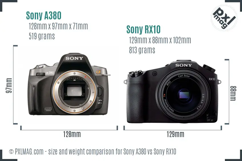 Sony A380 vs Sony RX10 size comparison