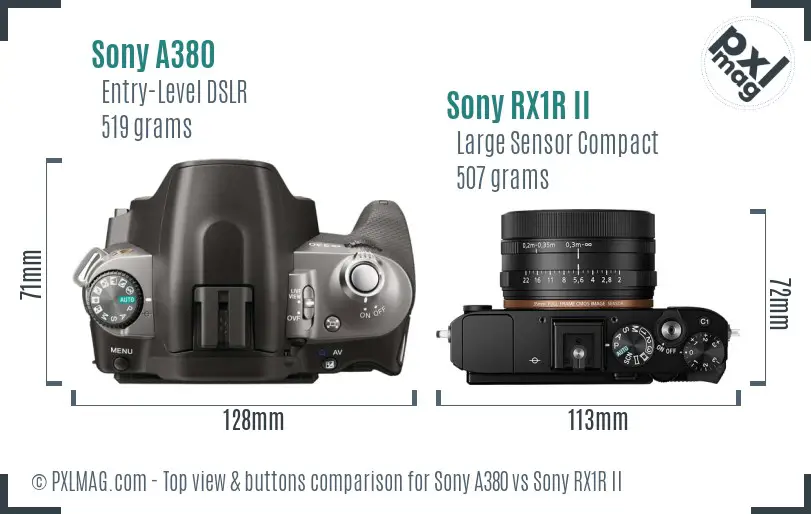 Sony A380 vs Sony RX1R II top view buttons comparison