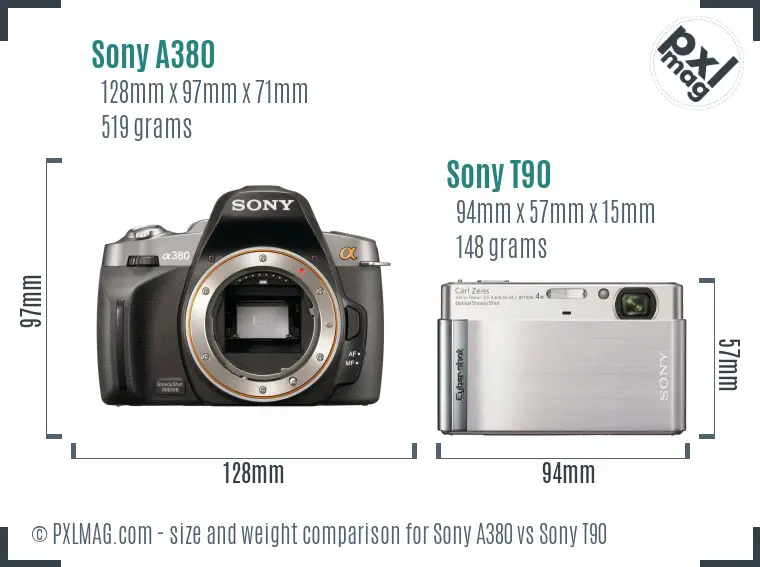 Sony A380 vs Sony T90 size comparison
