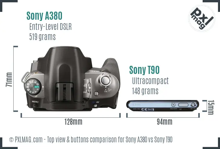 Sony A380 vs Sony T90 top view buttons comparison