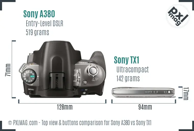 Sony A380 vs Sony TX1 top view buttons comparison
