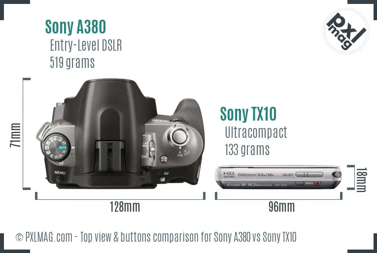 Sony A380 vs Sony TX10 top view buttons comparison