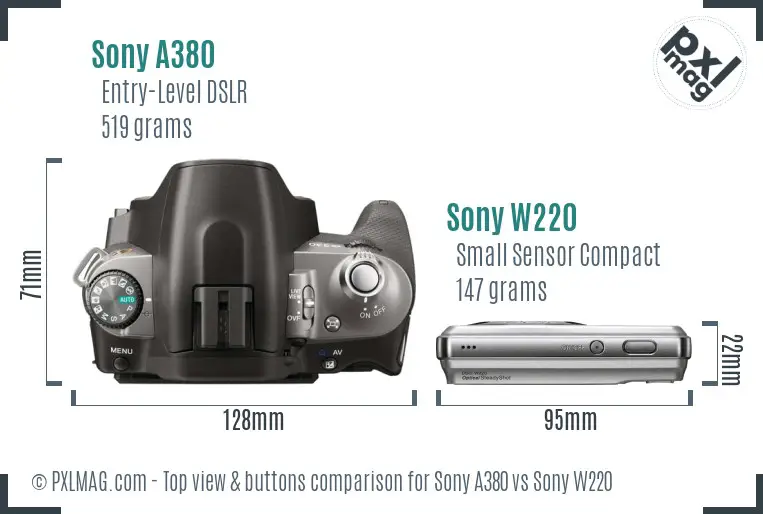 Sony A380 vs Sony W220 top view buttons comparison