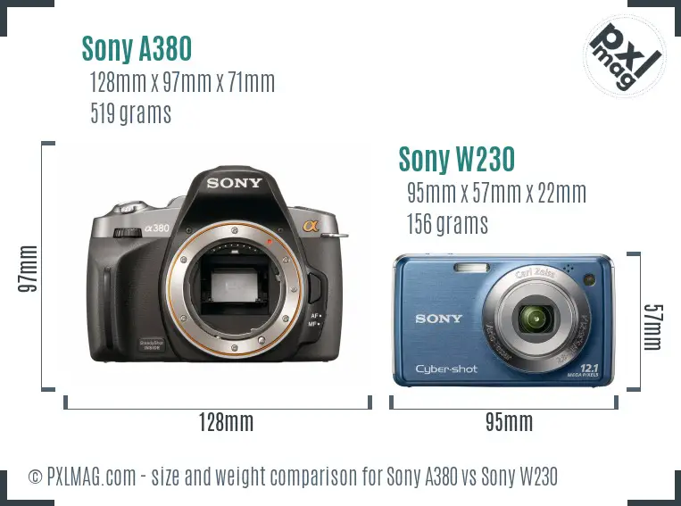 Sony A380 vs Sony W230 size comparison