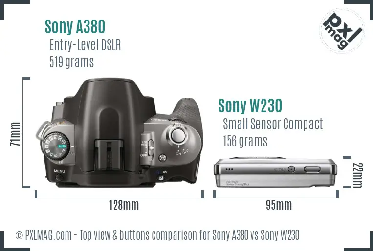 Sony A380 vs Sony W230 top view buttons comparison