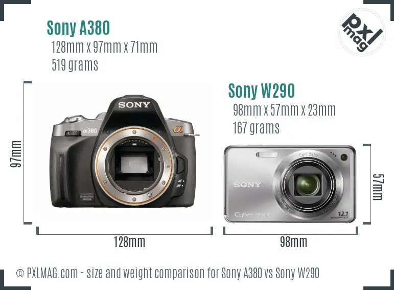 Sony A380 vs Sony W290 size comparison