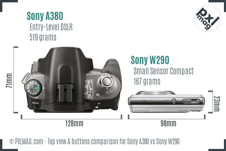 Sony A380 vs Sony W290 top view buttons comparison
