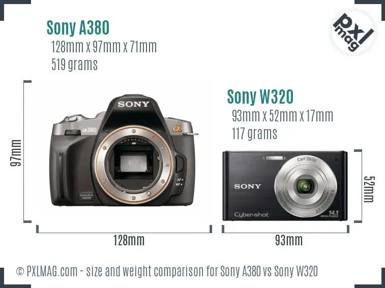 Sony A380 vs Sony W320 size comparison