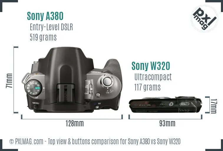 Sony A380 vs Sony W320 top view buttons comparison