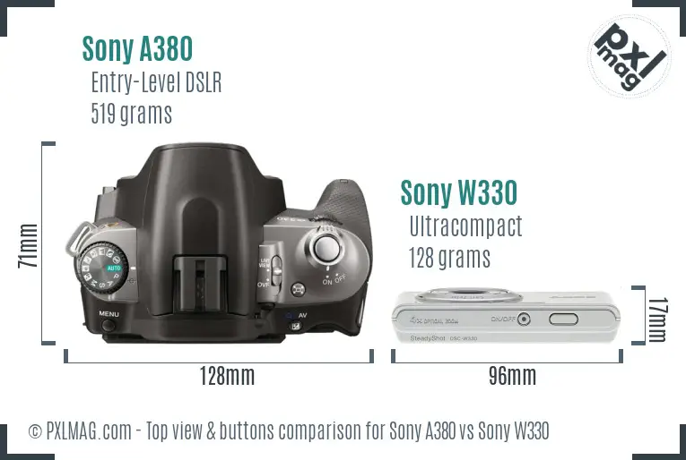 Sony A380 vs Sony W330 top view buttons comparison