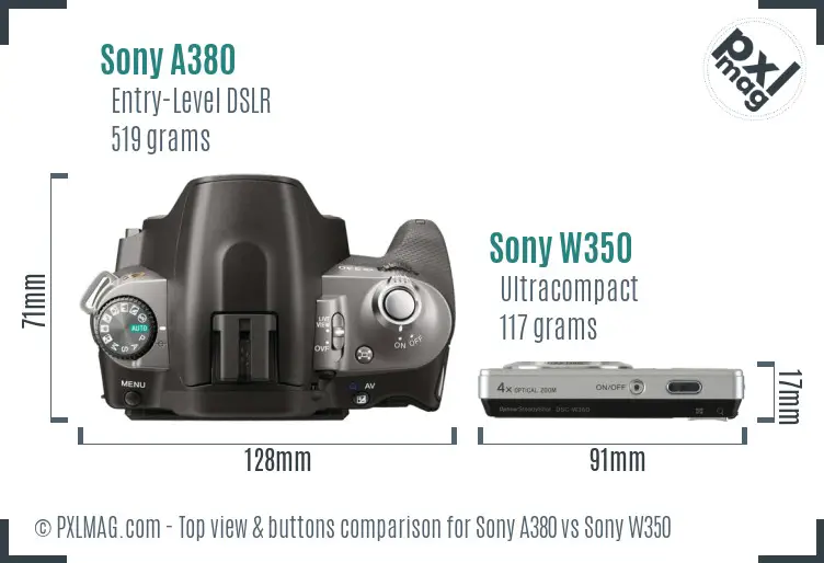 Sony A380 vs Sony W350 top view buttons comparison