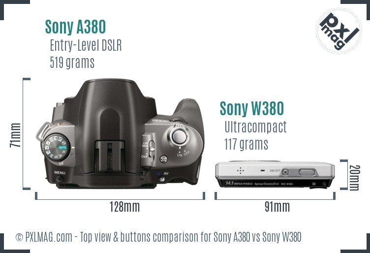 Sony A380 vs Sony W380 top view buttons comparison