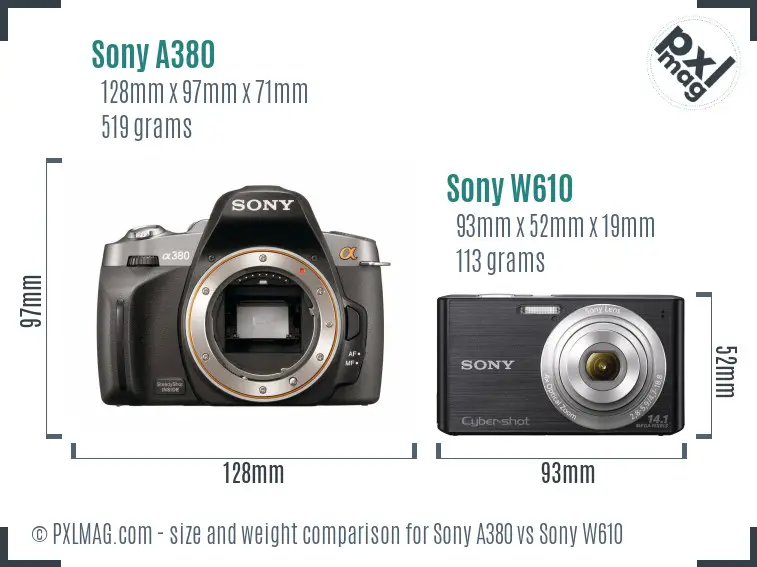 Sony A380 vs Sony W610 size comparison