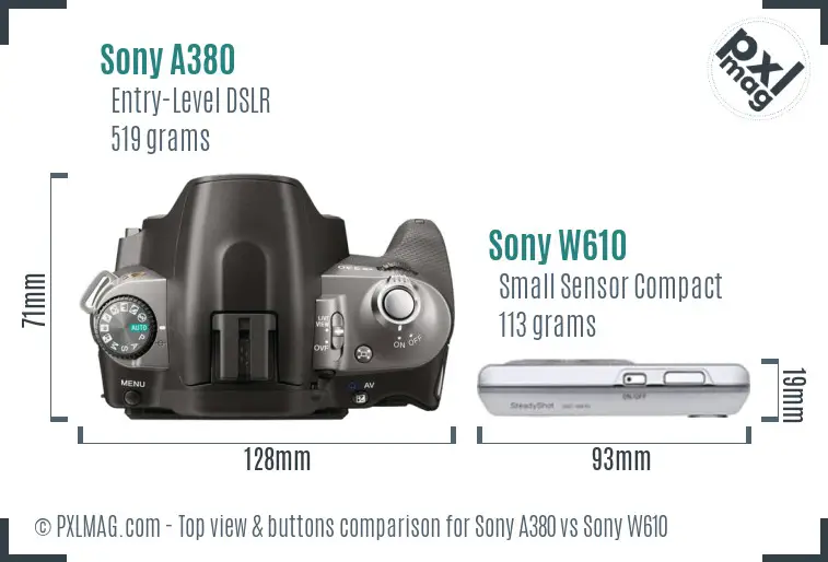 Sony A380 vs Sony W610 top view buttons comparison