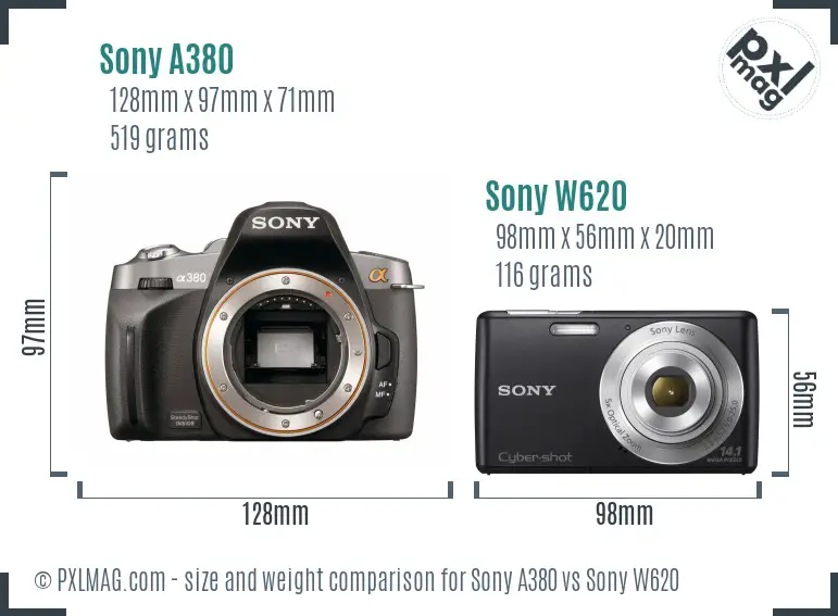 Sony A380 vs Sony W620 size comparison