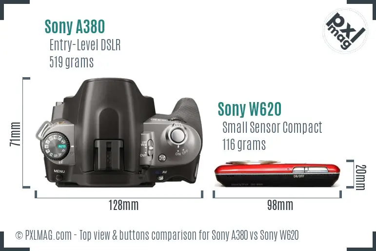 Sony A380 vs Sony W620 top view buttons comparison