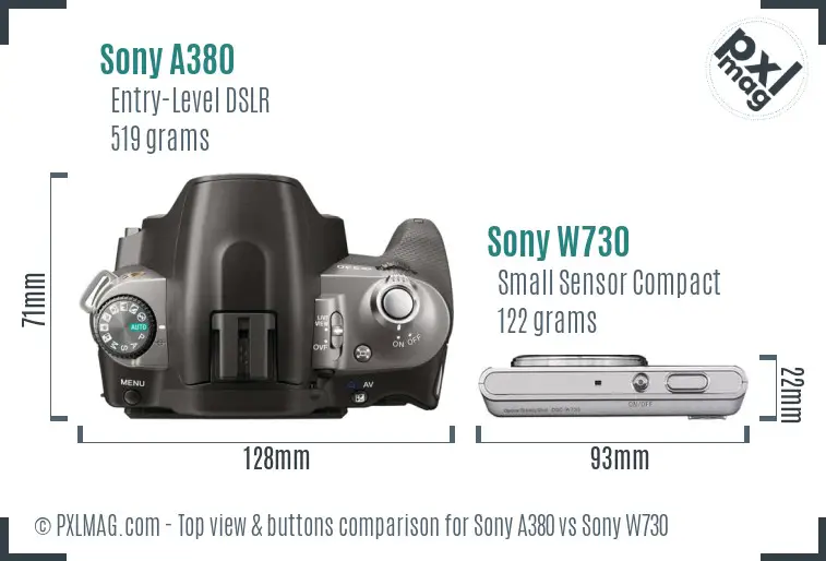 Sony A380 vs Sony W730 top view buttons comparison