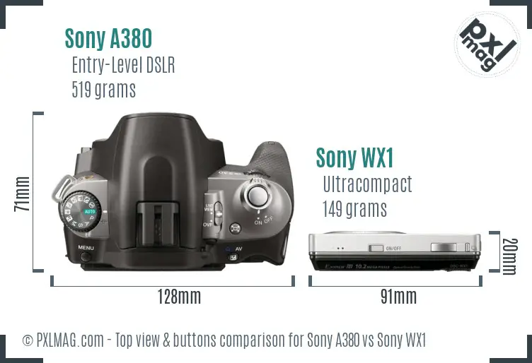 Sony A380 vs Sony WX1 top view buttons comparison