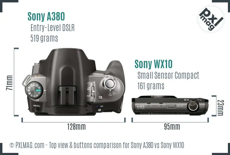 Sony A380 vs Sony WX10 top view buttons comparison