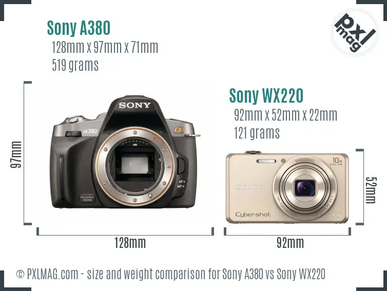 Sony A380 vs Sony WX220 size comparison