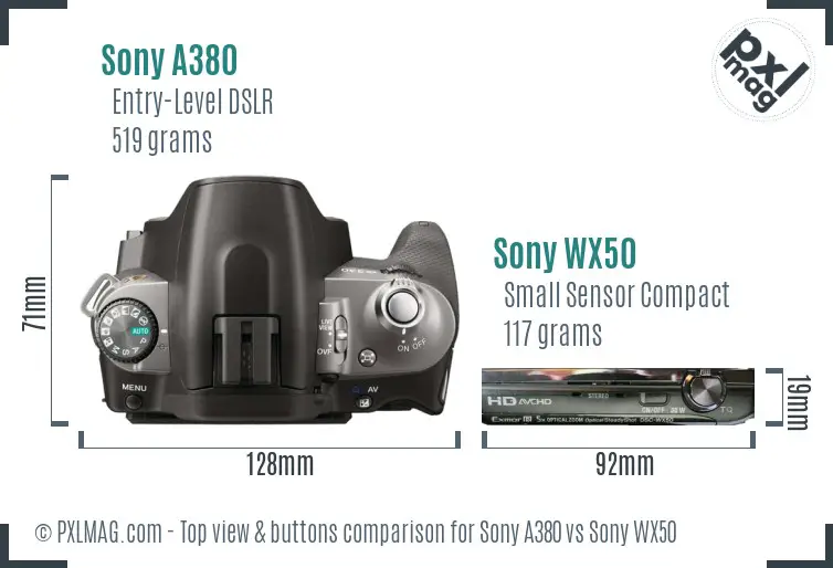 Sony A380 vs Sony WX50 top view buttons comparison
