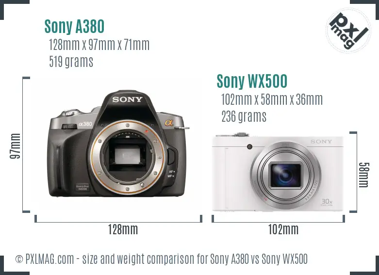 Sony A380 vs Sony WX500 size comparison