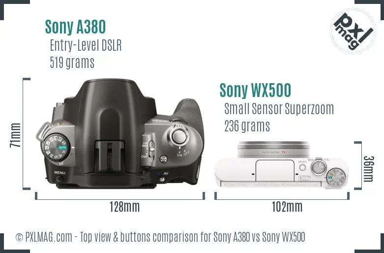 Sony A380 vs Sony WX500 top view buttons comparison
