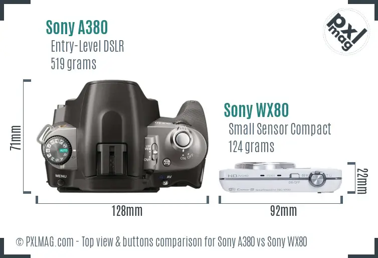 Sony A380 vs Sony WX80 top view buttons comparison