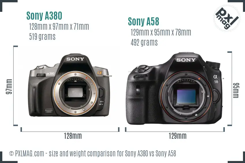 Sony A380 vs Sony A58 size comparison