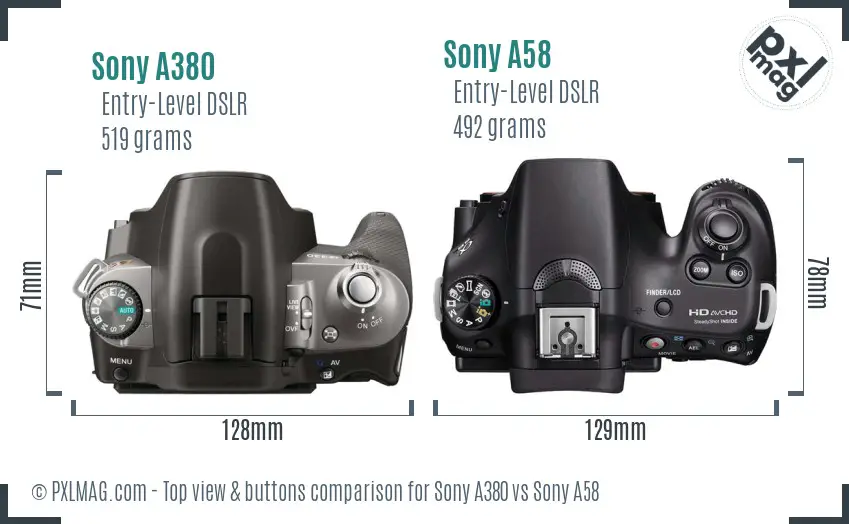 Sony A380 vs Sony A58 top view buttons comparison