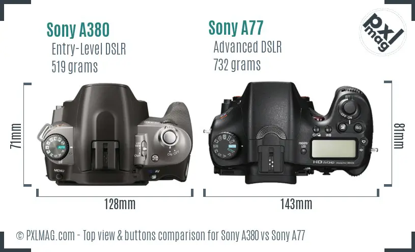 Sony A380 vs Sony A77 top view buttons comparison