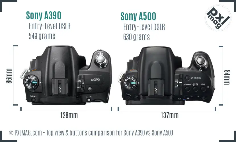 Sony A390 vs Sony A500 top view buttons comparison
