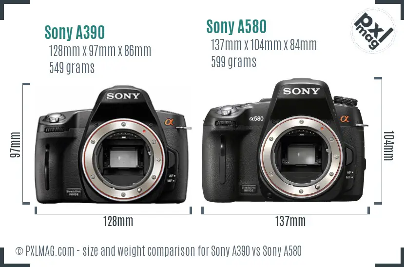 Sony A390 vs Sony A580 size comparison