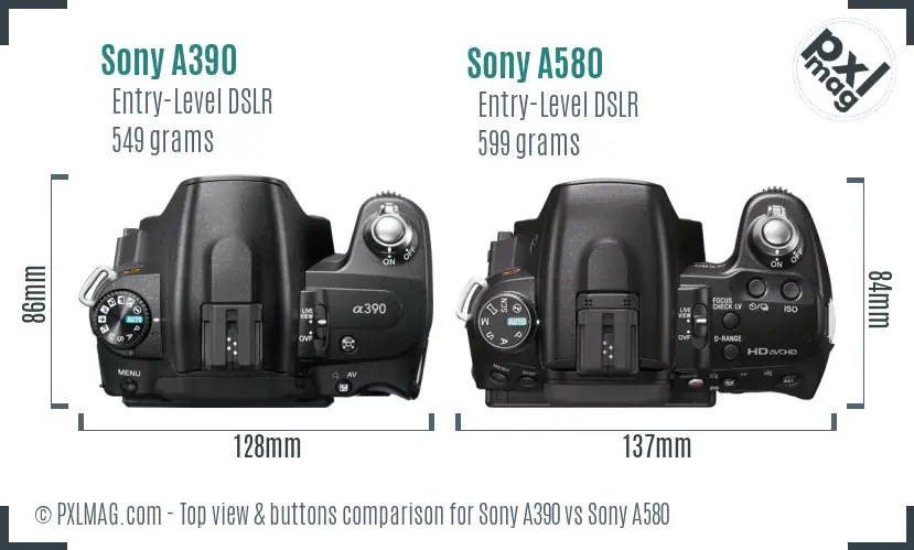 Sony A390 vs Sony A580 top view buttons comparison