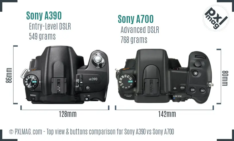 Sony A390 vs Sony A700 top view buttons comparison