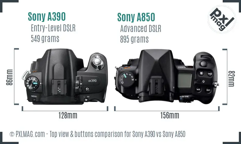 Sony A390 vs Sony A850 top view buttons comparison