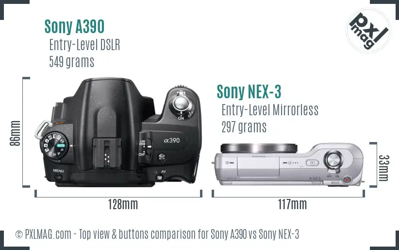 Sony A390 vs Sony NEX-3 top view buttons comparison