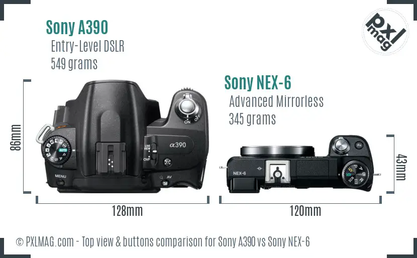 Sony A390 vs Sony NEX-6 top view buttons comparison