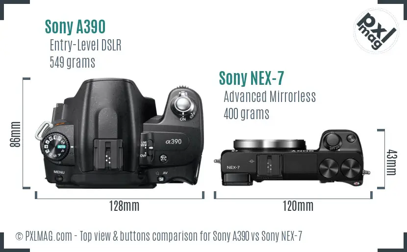 Sony A390 vs Sony NEX-7 top view buttons comparison