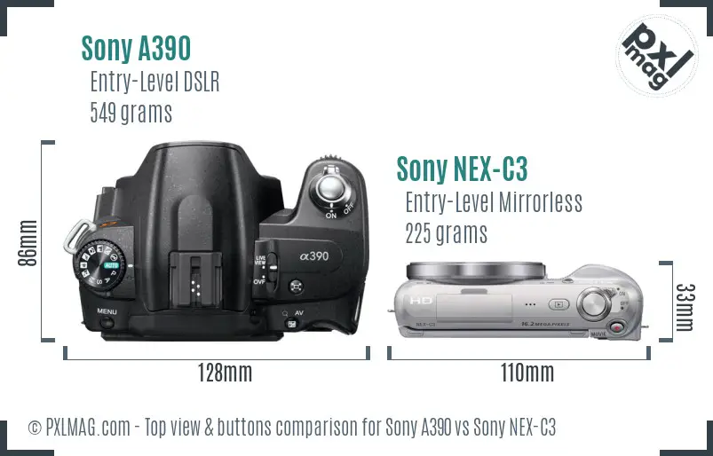 Sony A390 vs Sony NEX-C3 top view buttons comparison