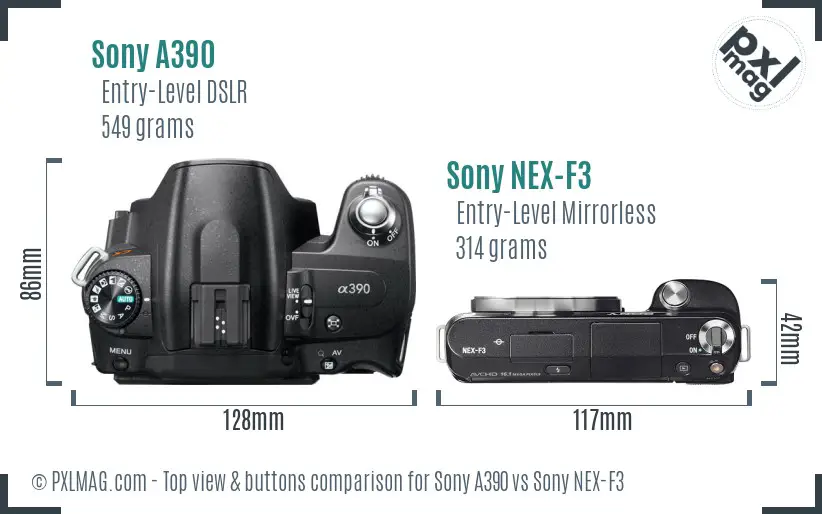 Sony A390 vs Sony NEX-F3 top view buttons comparison