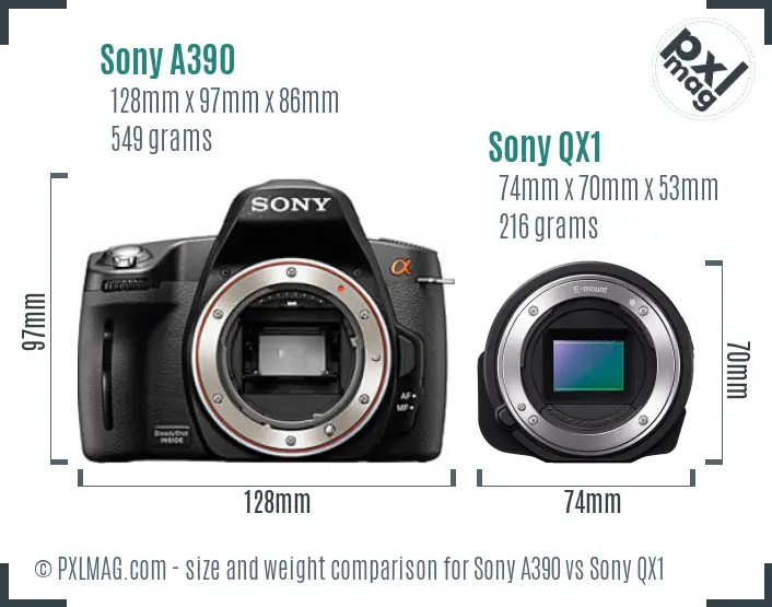 Sony A390 vs Sony QX1 size comparison