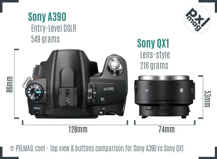 Sony A390 vs Sony QX1 top view buttons comparison