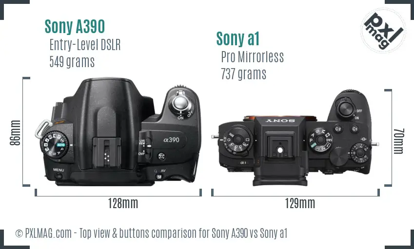 Sony A390 vs Sony a1 top view buttons comparison