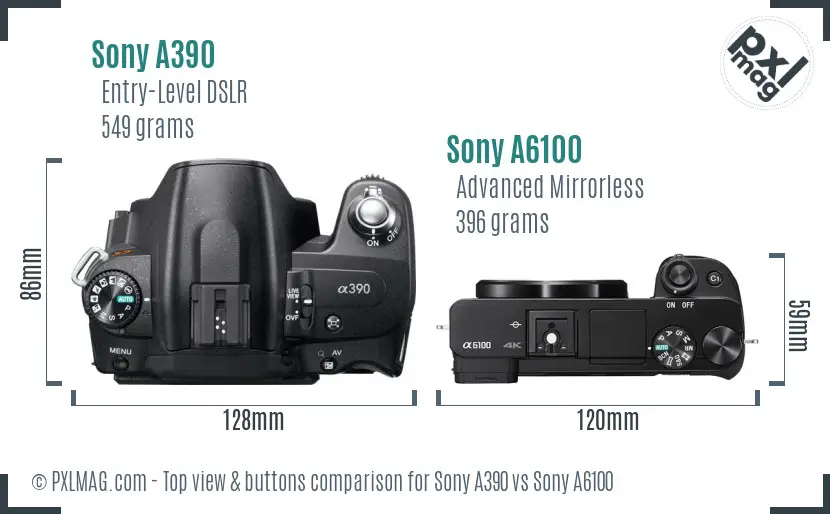 Sony A390 vs Sony A6100 top view buttons comparison