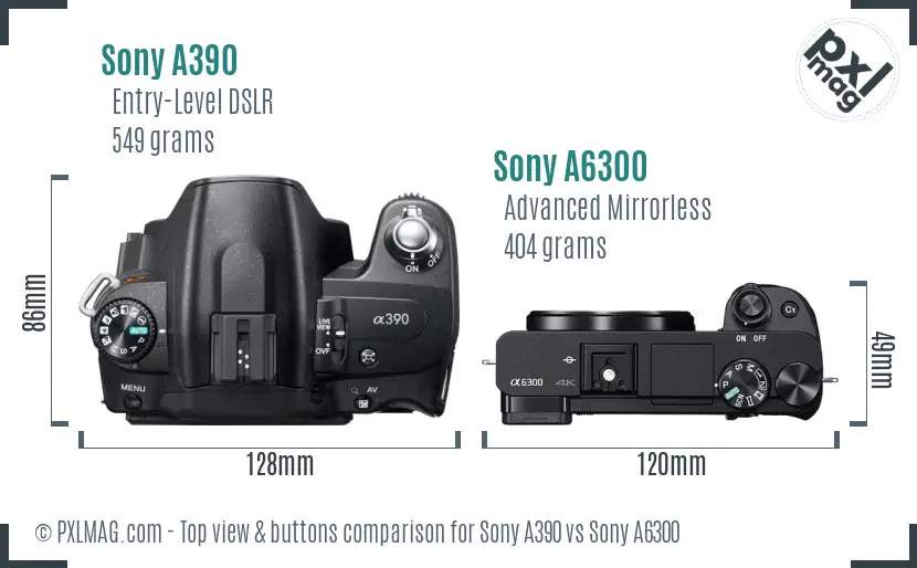 Sony A390 vs Sony A6300 top view buttons comparison