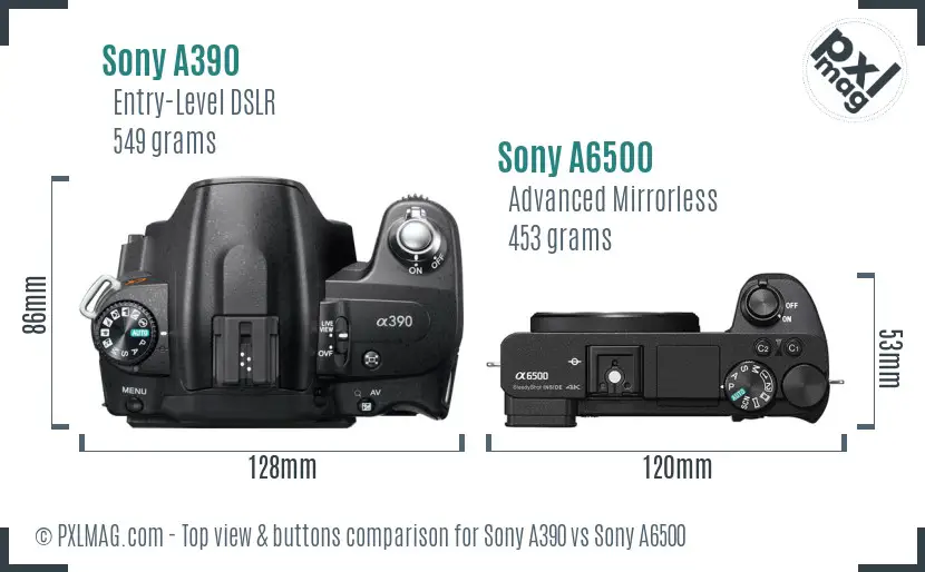 Sony A390 vs Sony A6500 top view buttons comparison