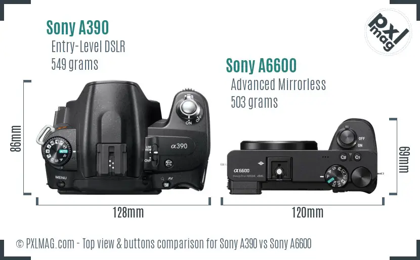 Sony A390 vs Sony A6600 top view buttons comparison
