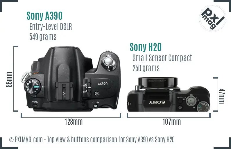 Sony A390 vs Sony H20 top view buttons comparison