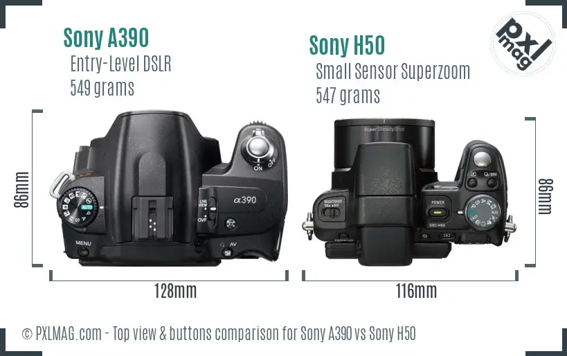 Sony A390 vs Sony H50 top view buttons comparison